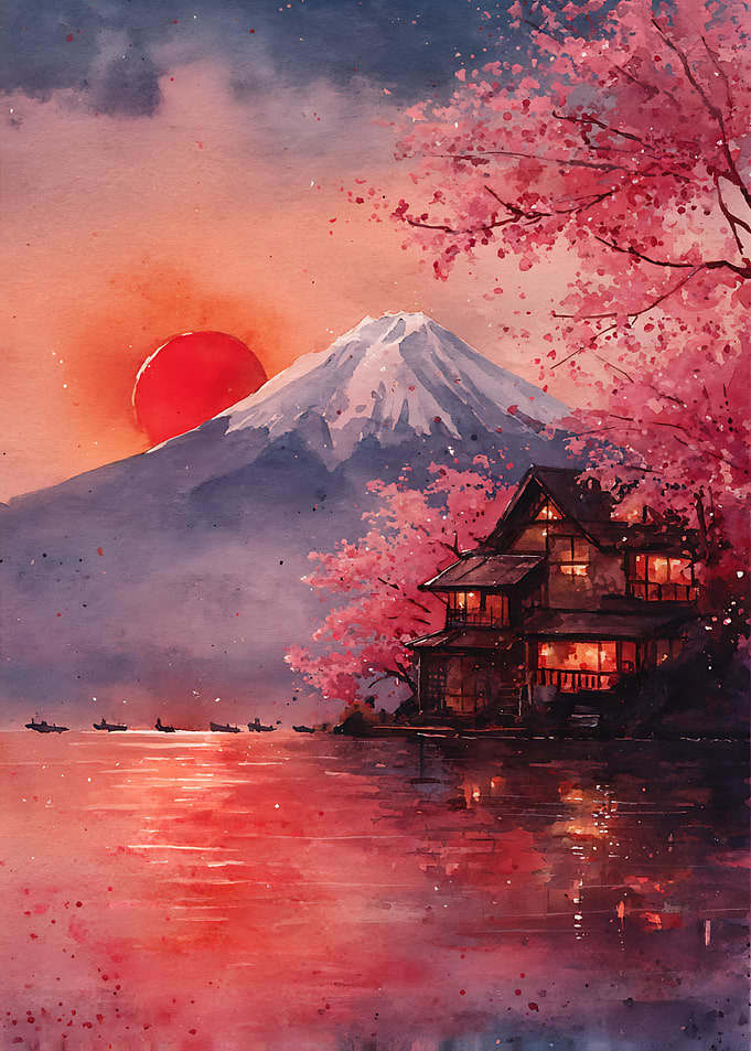 Mount Fuji Sunset with Cherry Blossoms