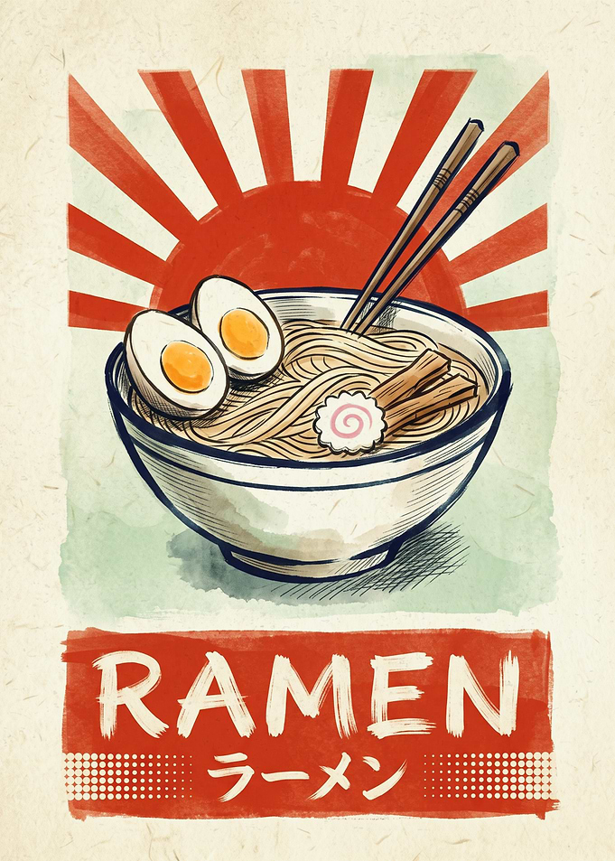 Japanese Ramen Bowl Poster Vintage Retro Art Print Noodles Asian Food Kitchen Decor