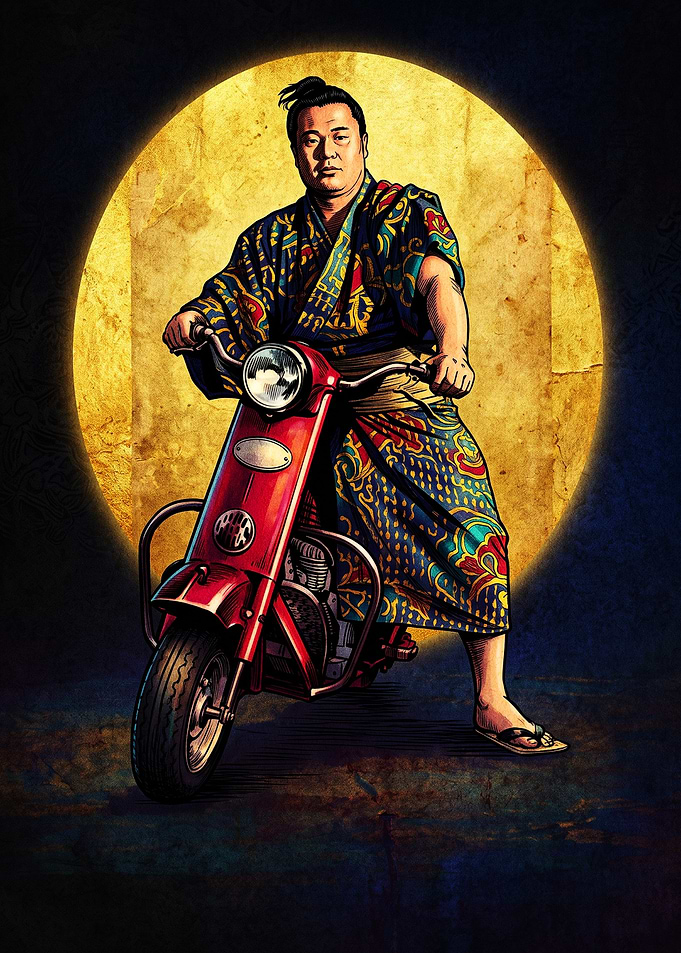 Sumo Wrestler Riding a Red Scooter