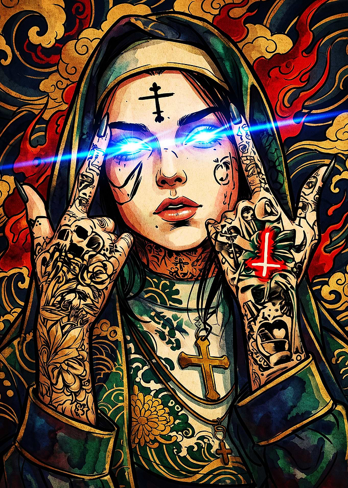 Tattooed Nun with Glowing Eyes