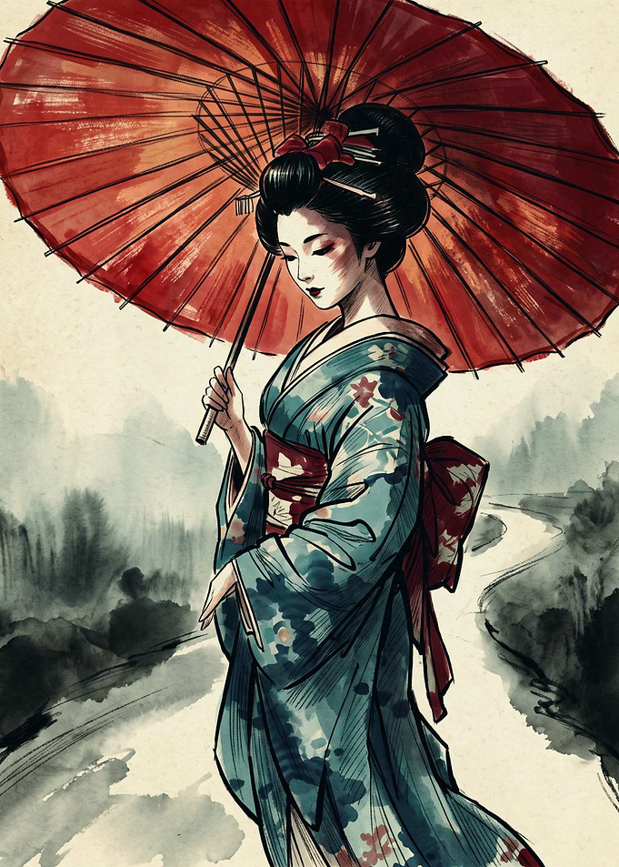 Geisha Kimono Japanese Watercolor Art Red Umbrella Landscape Aesthetic Wall Print Poster