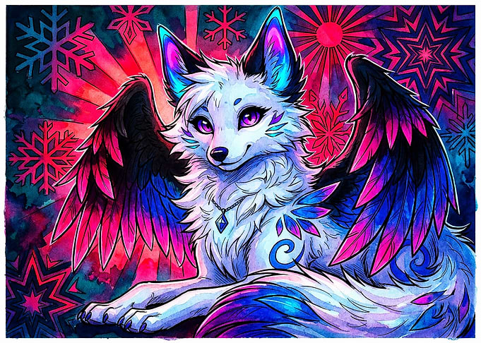 Neon Winged Fantasy Wolf Illustration