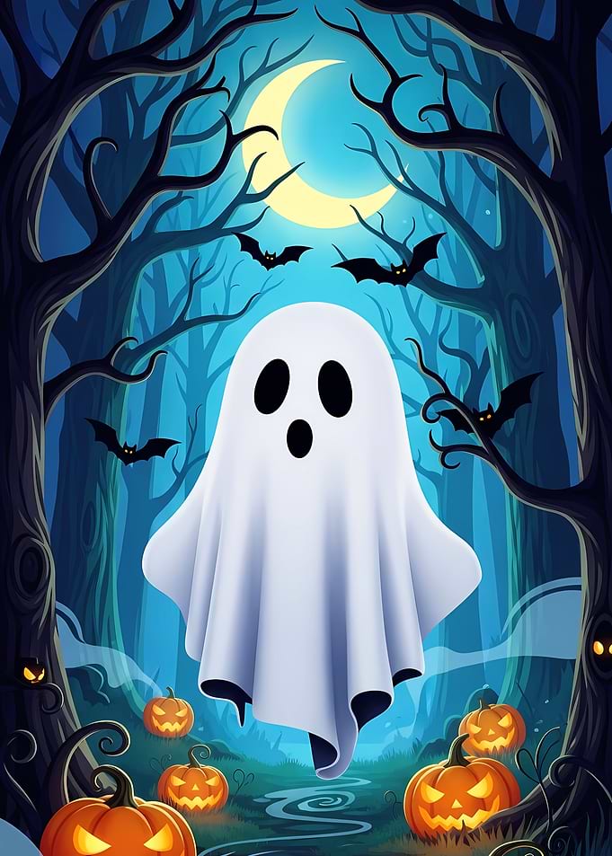 Cute Ghost in Spooky Forest