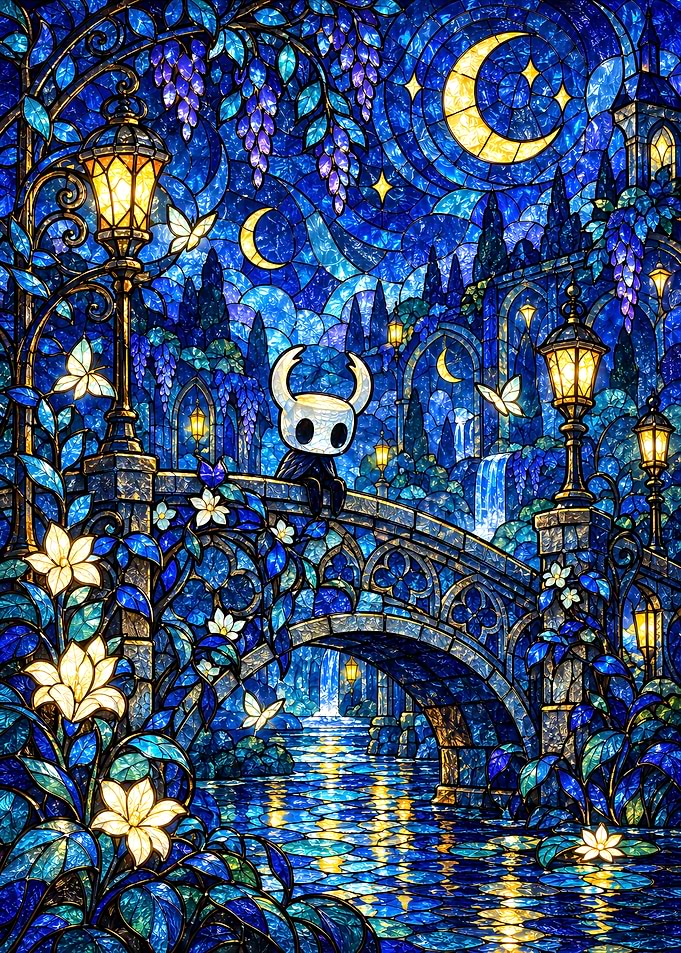 Hollow Knight Stained Glass Night Scene