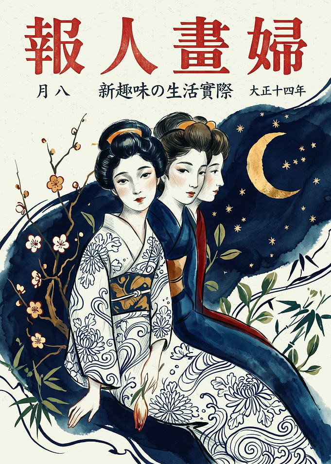 Japanese Geisha Kimono Vintage Ukiyo E Art Print Moon Night Cherry Blossom Poster