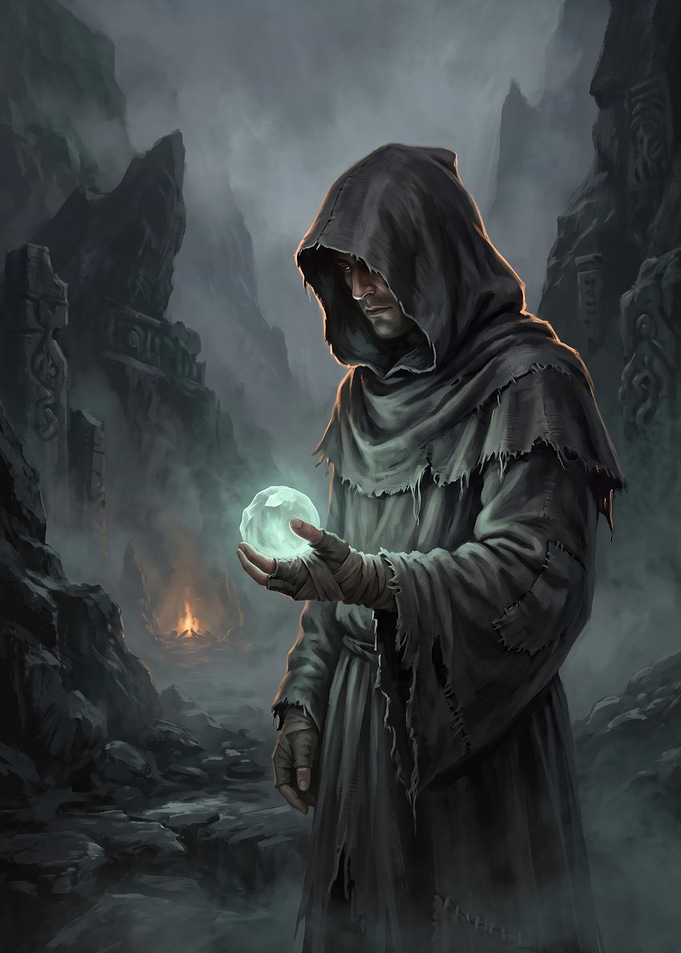 Hooded Mage Holding Glowing Orb