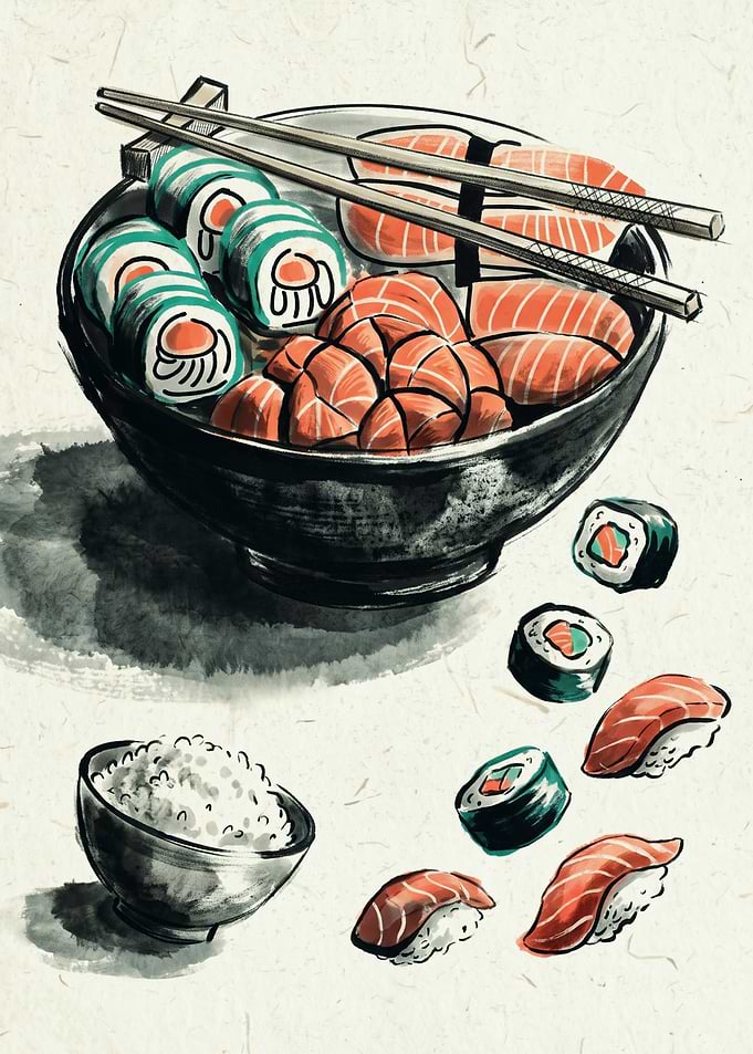 Japanese Sushi Bowl Art Print Traditional Sumi E Ink Salmon Roll Restaurant Decor