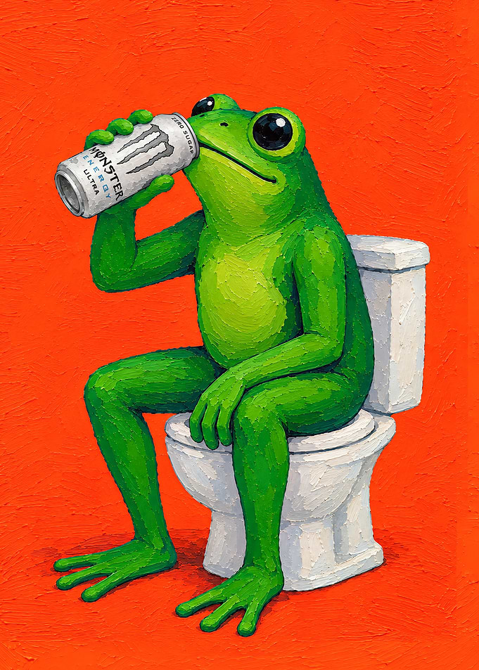 Frog Drinking Monster Energy on Toilet