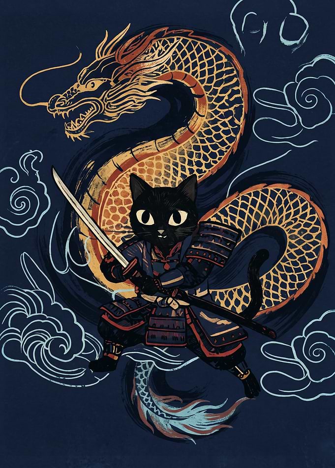 Samurai Cat With Dragon Japanese Art Print