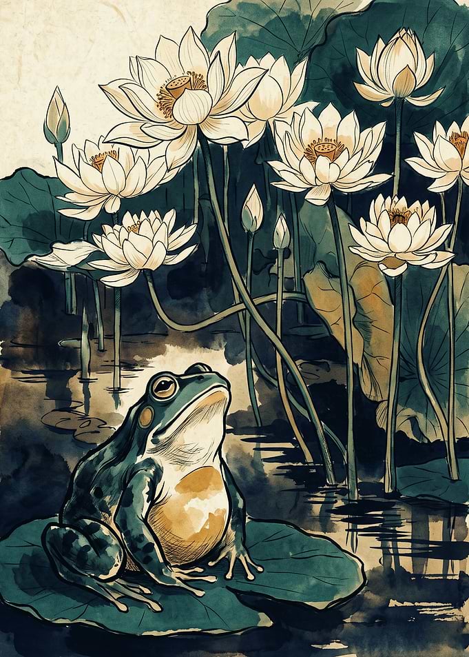 Frog In Lotus Pond Nature Watercolor Asian Style Art