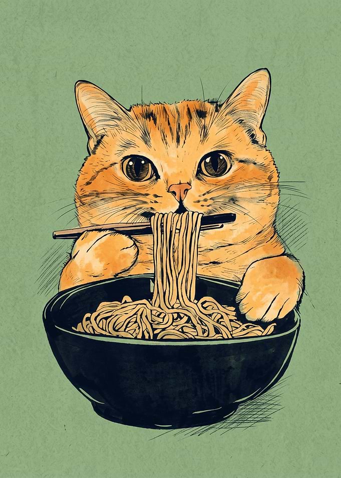 Cat Eating Ramen Noodles Cat Lover Pencil Sketch Illustration