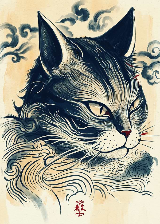 Samurai Cat Japanese Ukiyo E Art Traditional Ink Brush Painting Asian Animal Poster