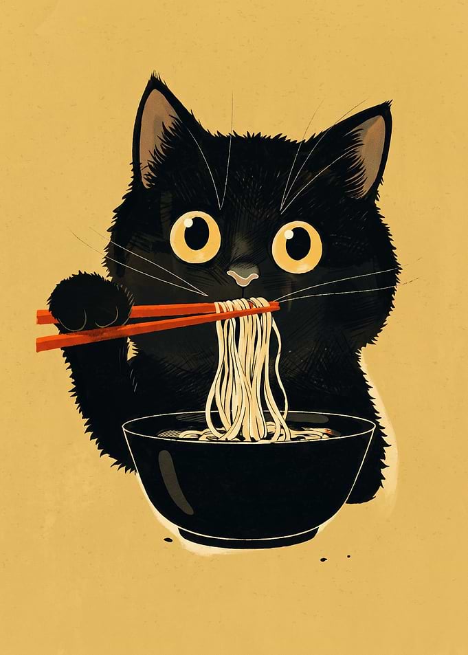 Black Cat Ramen Vintage Illustration Cute Animal Eating Noodles Retro Art Print Poster