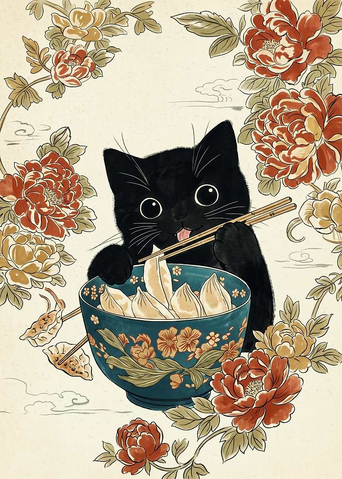 Black Cat Eating Dumplings Cats Japanese Vintage Art Print Peony Floral Poster