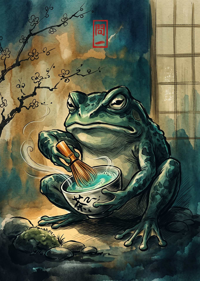 Frog Matcha Japanese Ukiyo E Art Print Traditional Tea Ceremony Asian Room Decor