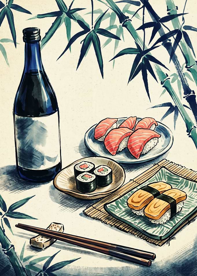 Japanese Sushi Sake Bottle Bamboo Watercolor Art Print Traditional Asian Food Poster