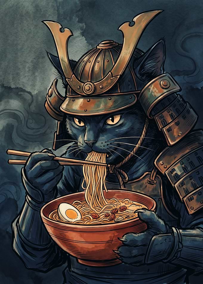 Samurai Cat Ramen Bowl Japanese Comic Ink Art Eating Noodles Warrior Animal Poster