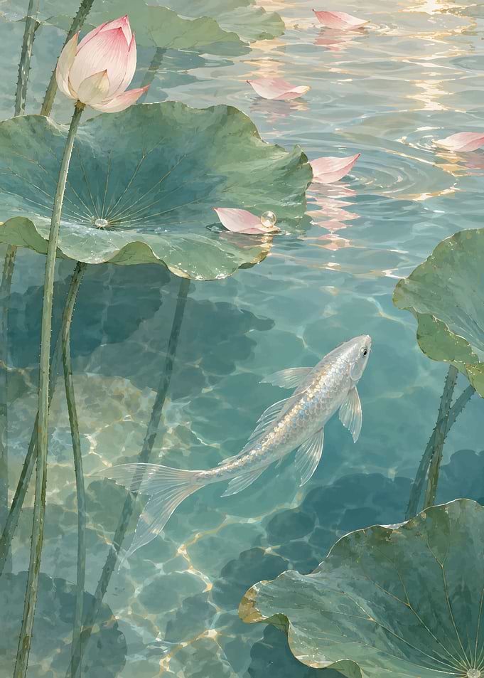 Serene Koi Fish in Lotus Pond