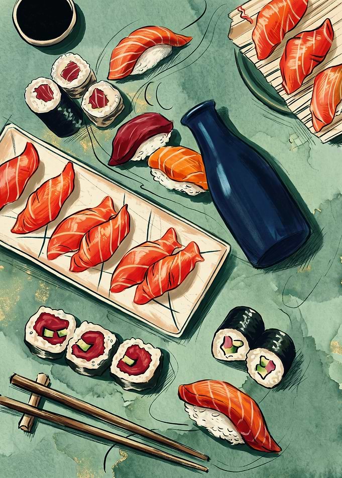 Delicious Sushi Platter Japanese Food Watercolor Illustration Food Art