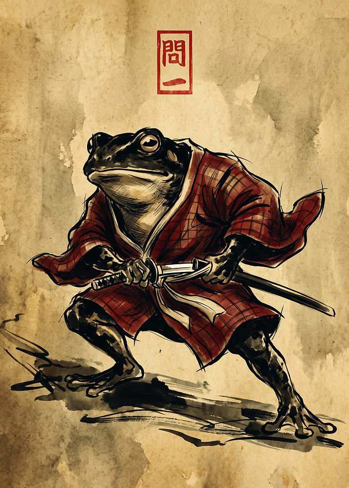Samurai Frog Japanese Ink Sketch Red Kimono Art Print Vintage Bushido Warrior Poster