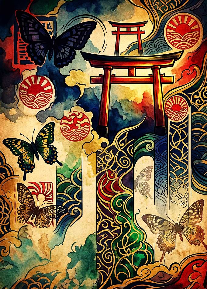 Japanese Torii Gate and Butterflies Art