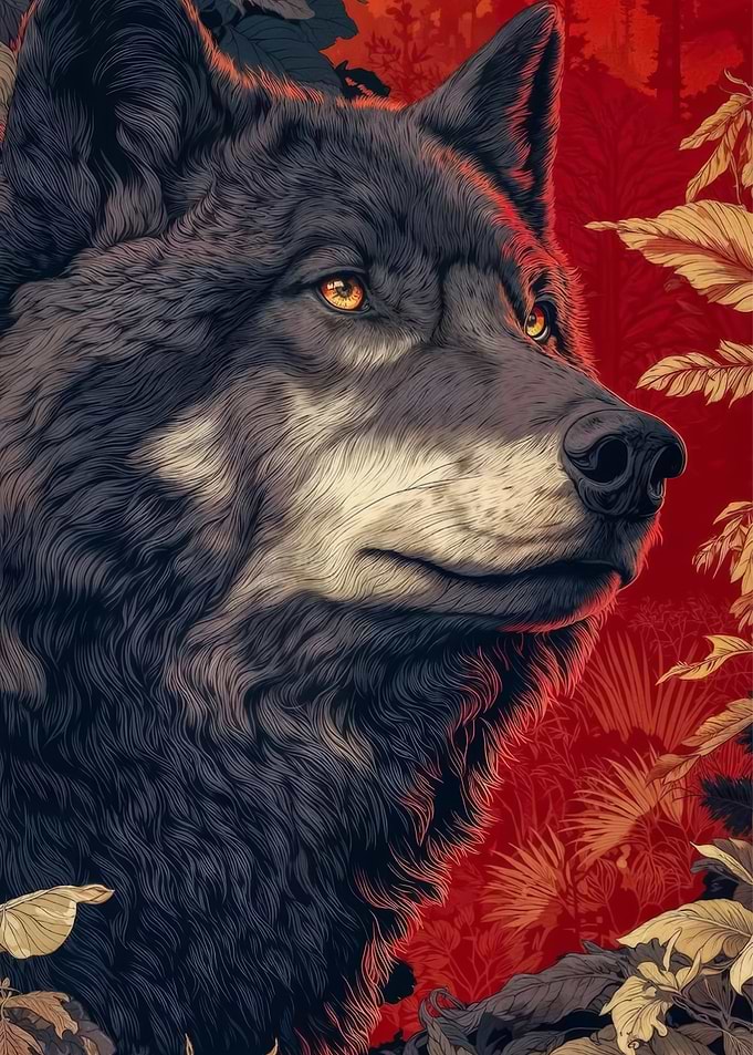 Majestic Wolf Portrait in Red Forest