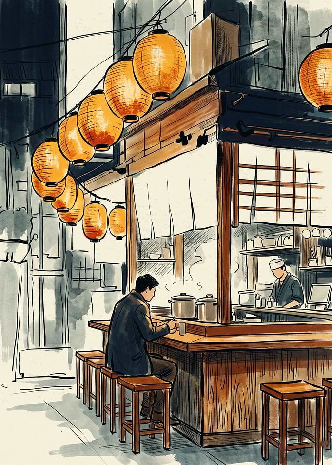 Japanese Ramen Shop Food Cart Watercolor Sketch Red Lantern Street Alley Art Print