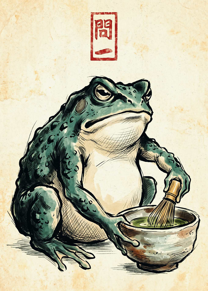 Zen Frog Making Matcha Tea Japanese Style Ink Wash Painting