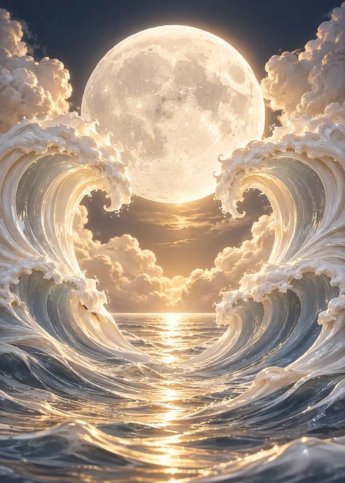 Heart-Shaped Ocean Waves Under Full Moon
