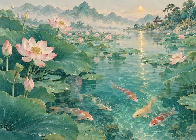 Serene Koi Pond with Lotus Flowers