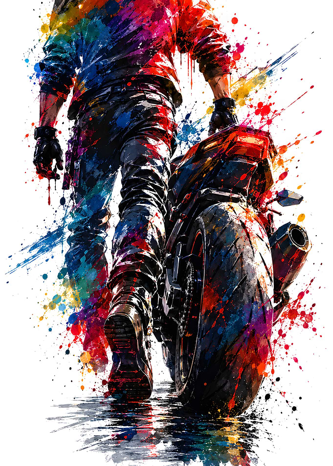 Biker with Motorcycle Watercolor Splatter Art