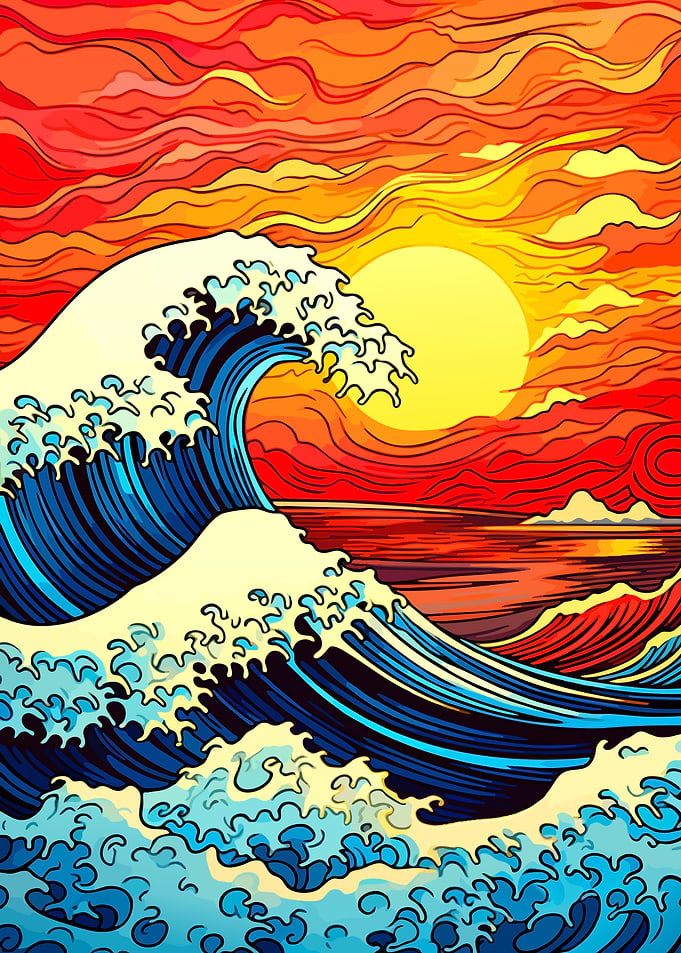 Great Wave Sunset Japanese Art