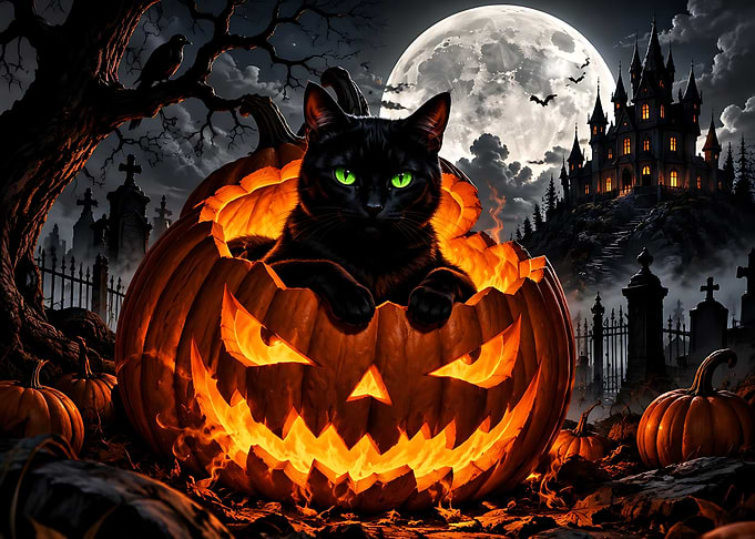 Black Cat in Glowing Halloween Pumpkin
