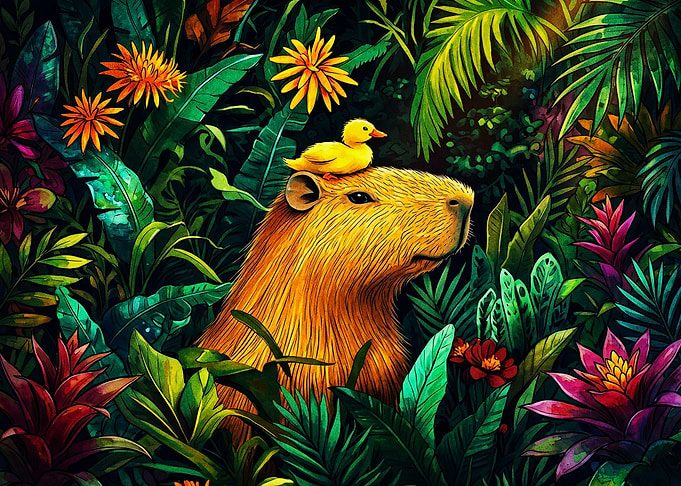 Capybara with Duckling in Jungle
