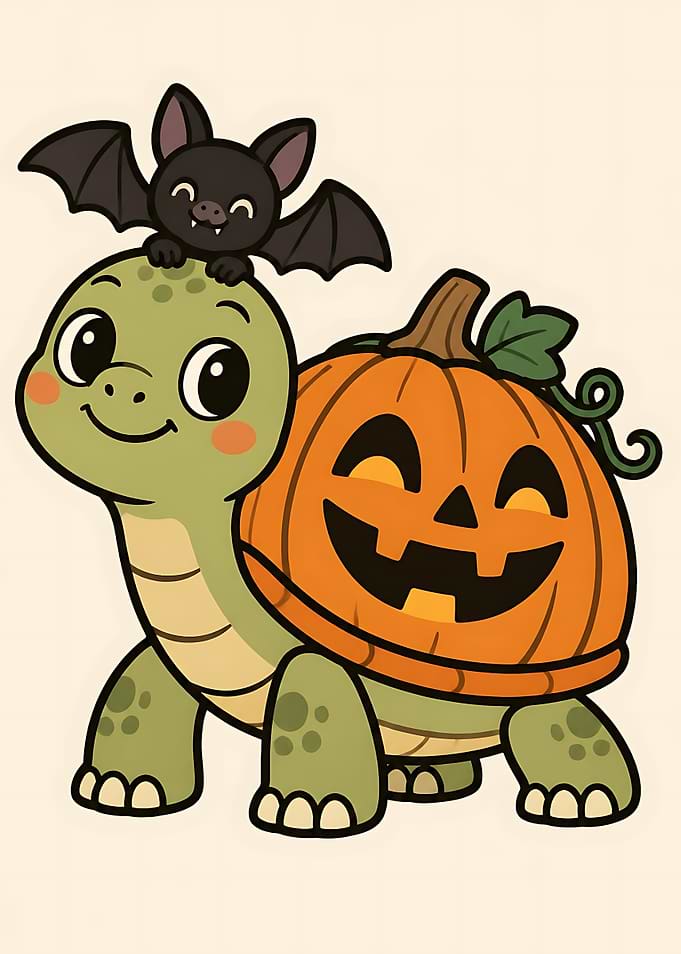 Cute Turtle with Pumpkin Shell and Bat