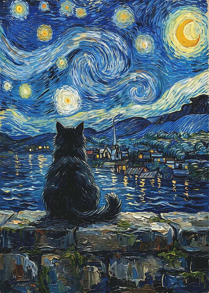Black Cat Watching Starry Night
