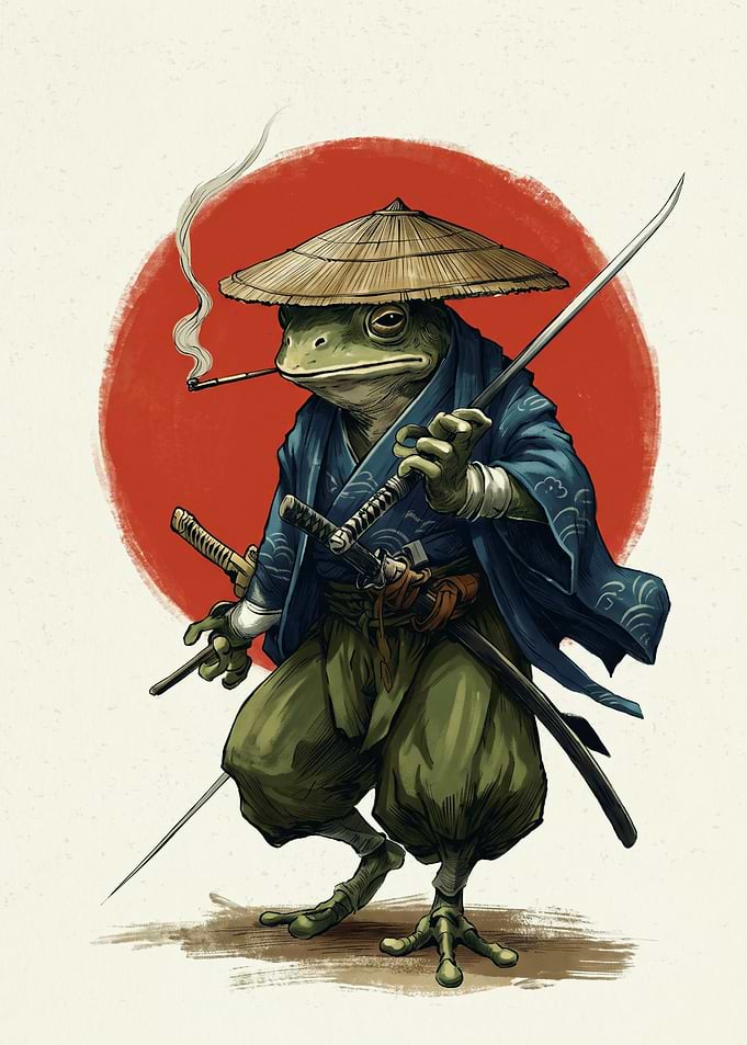 Samurai Frog Japanese Ukiyo E Art Red Sun Smoke Katana Sword Animal Warrior Poster