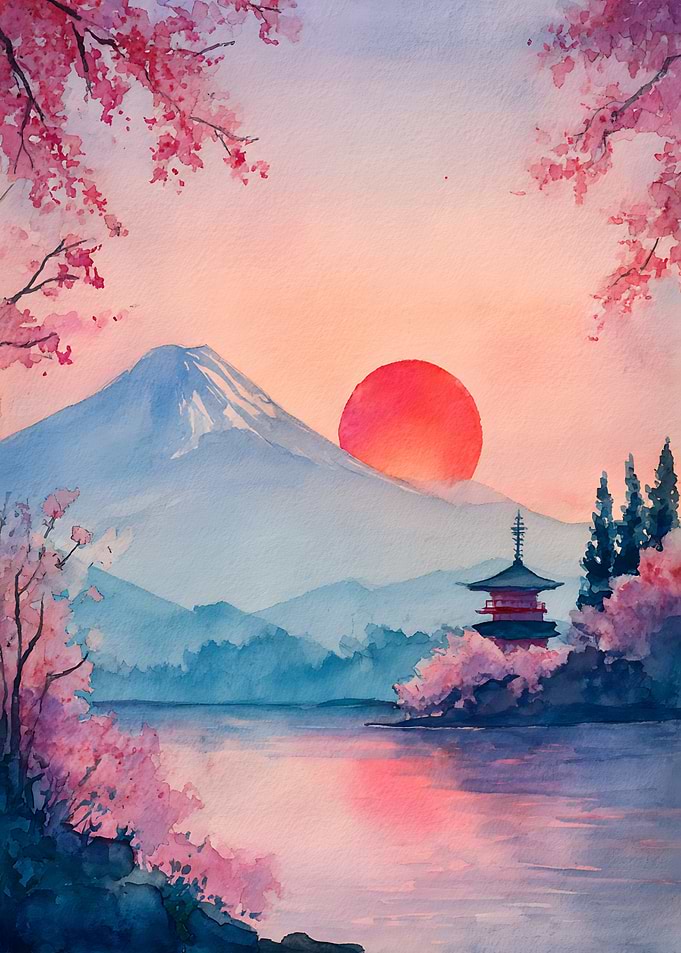 Watercolor Mount Fuji and Pagoda Sunset