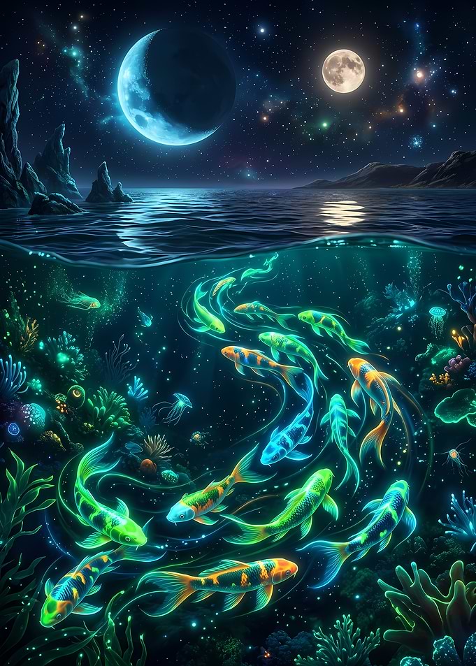 Bioluminescent Koi Fish Underwater Night Scene