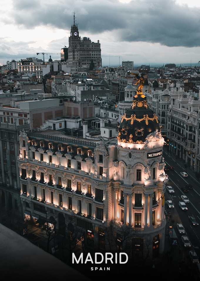 Metropolis Building in Madrid at Dusk