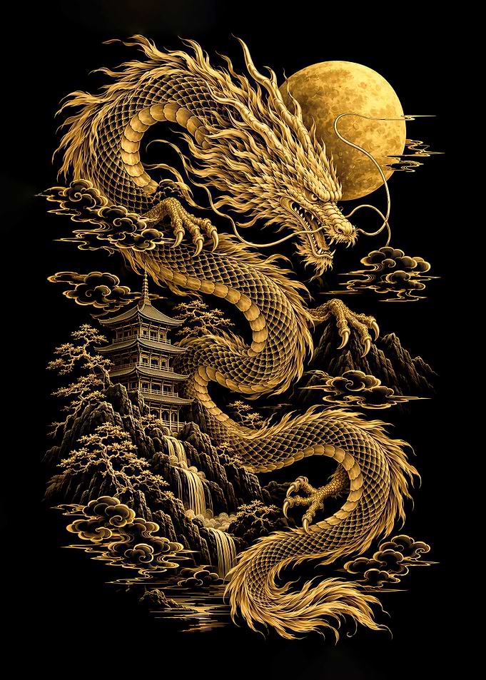 Golden Dragon and Pagoda Illustration