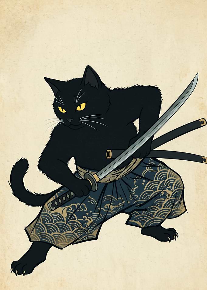 Black Cat Samurai Ukiyo E Art Print Japanese Katana Warrior Kitty Poster