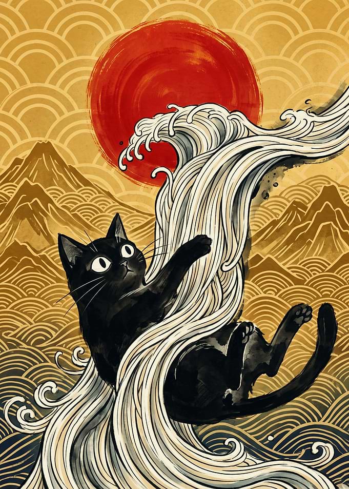 Black Cat Wave Ukiyo E Art Japanese Red Sun Mountain Pattern Aesthetic Poster Print