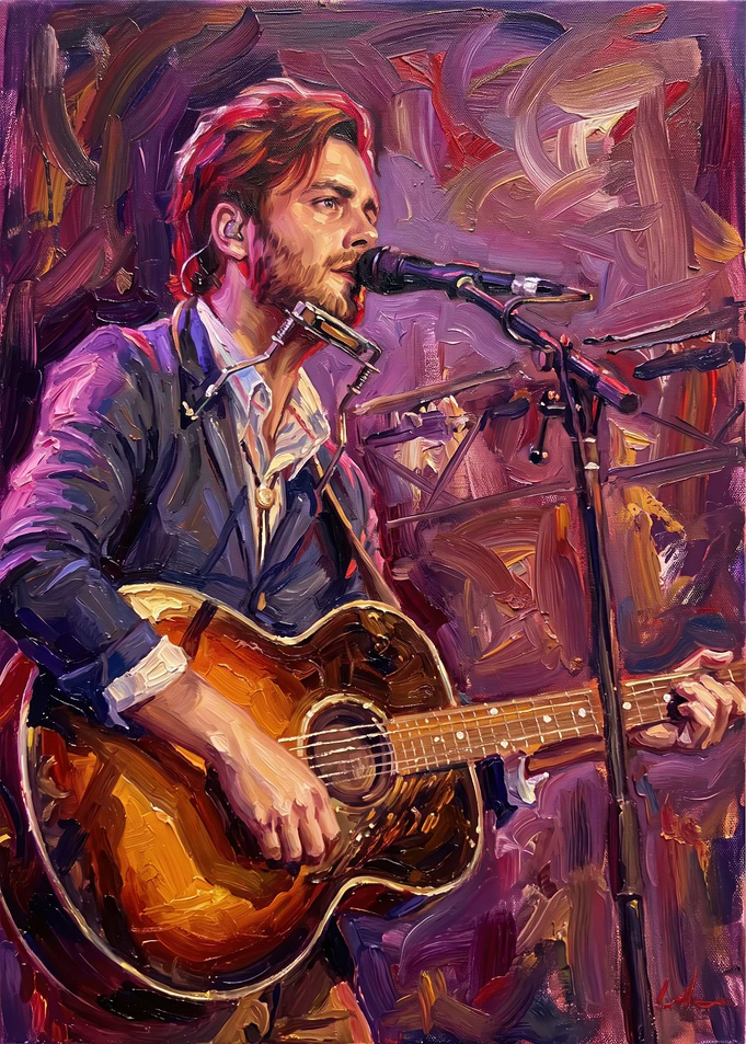 Oil Painting of Male Musician Performing