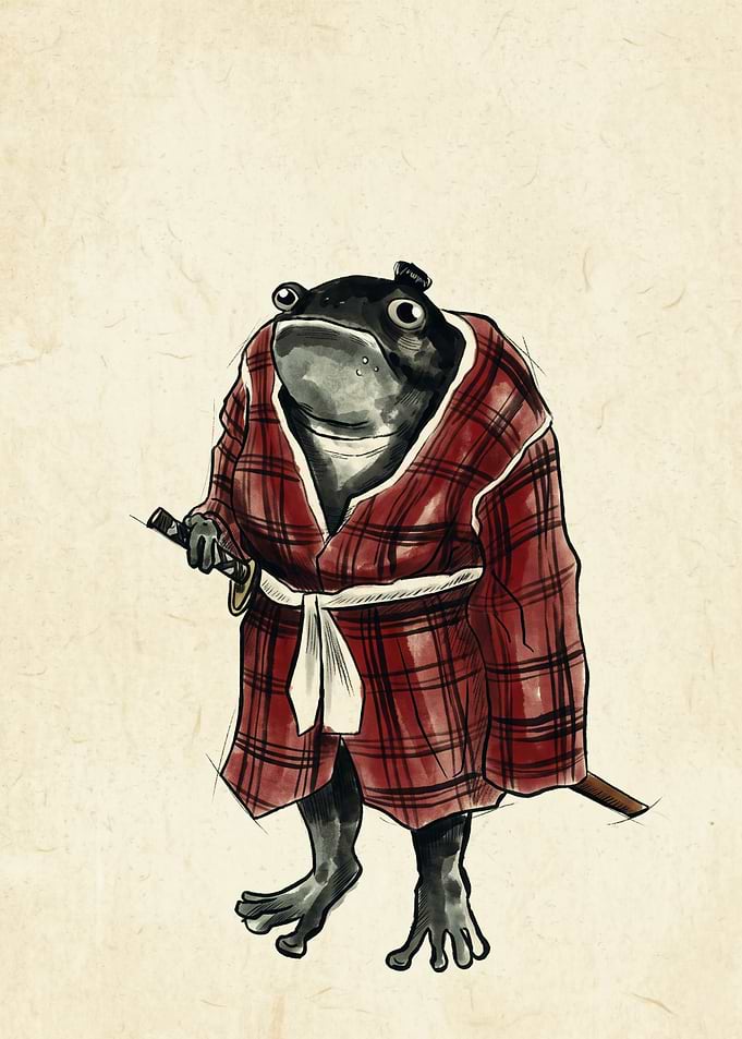 Samurai Frog In Robe Animal Warrior Japanese Ukiyo E Style Ink Drawing