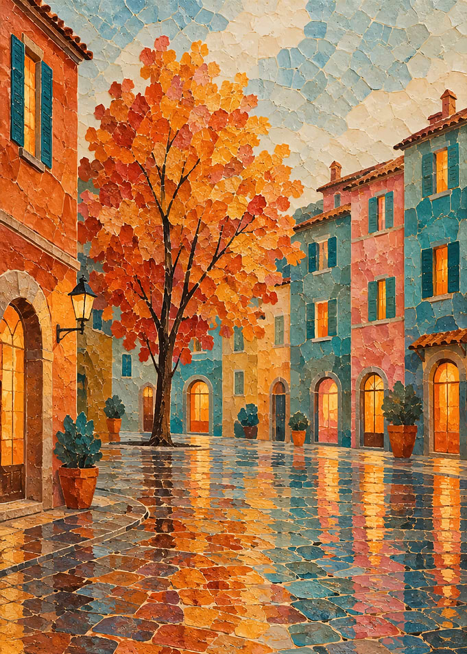 Colorful European Town Square Painting