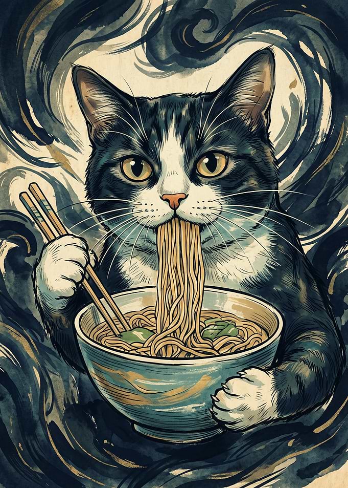 Cat Eating Ramen Noodles Cats Japanese Art Style