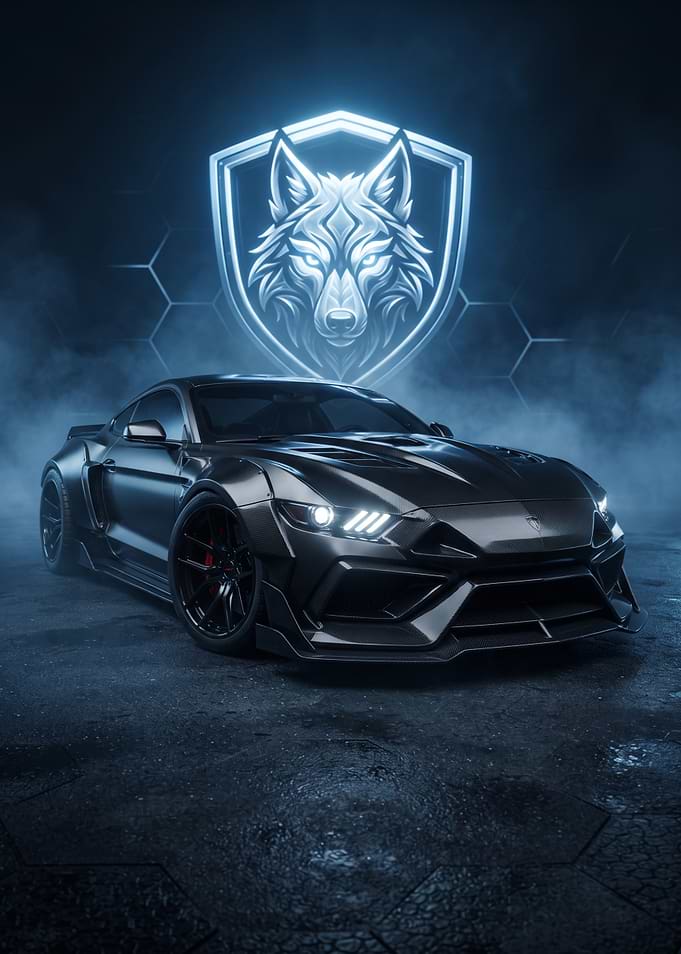 Aggressive Black Sports Car with Wolf Emblem