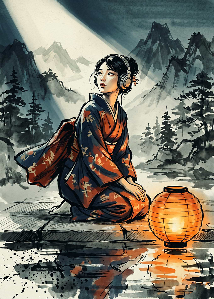 Anime Girl Kimono Japanese Ink Wash Painting Mountain Lantern Lofi Music Aesthetic Poster