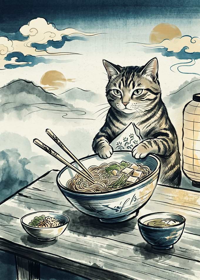 Cat Eating Ramen Noodles Ukiyo-e Japanese Art